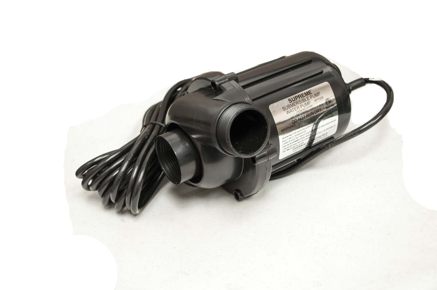 Black fire water pump with two inlet/outlet ports and attached power cord
