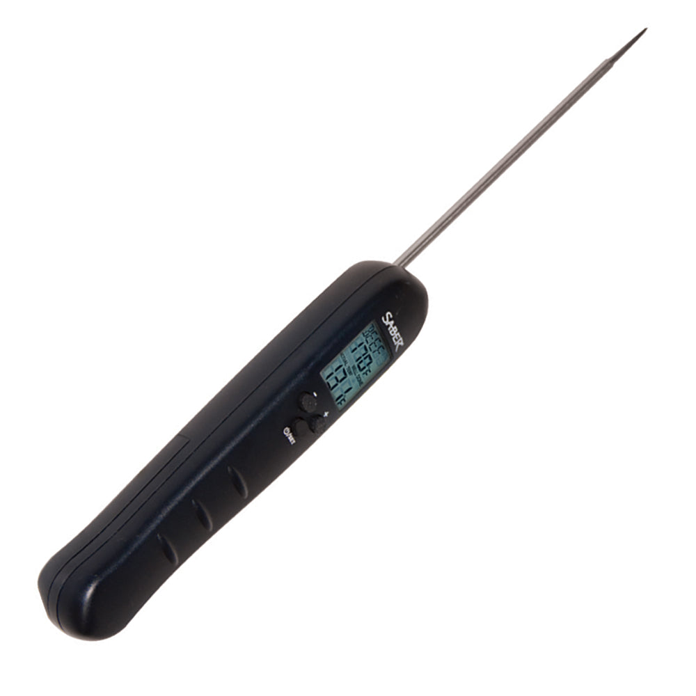 Saber EZ Temp digital thermometer with black handle and metal probe, LCD display