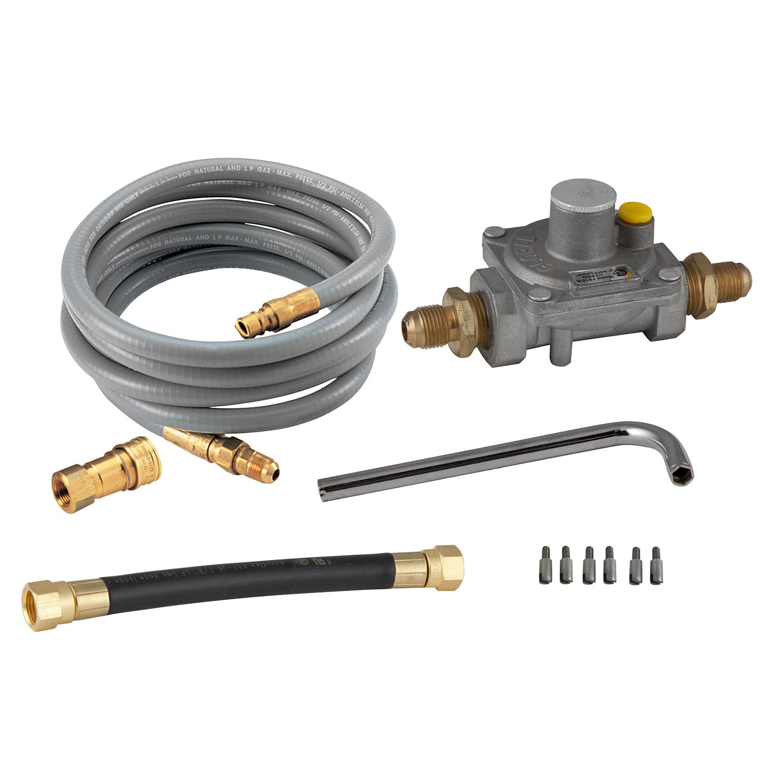 Natural gas grill conversion kit with regulator valve, gray hose, brass fittings and black line