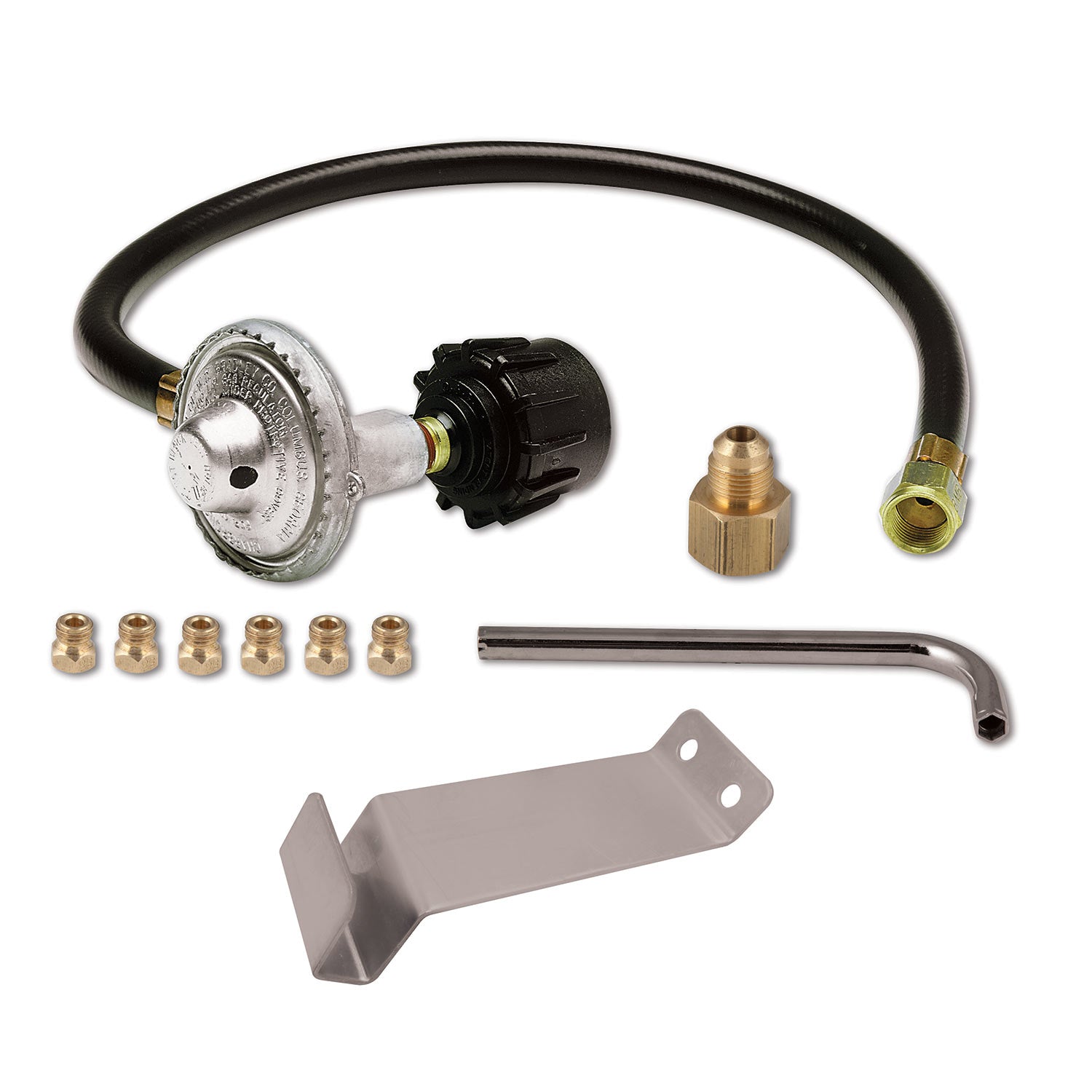 Saber EZ propane conversion kit parts with hose, fittings, regulator, and mounting bracket