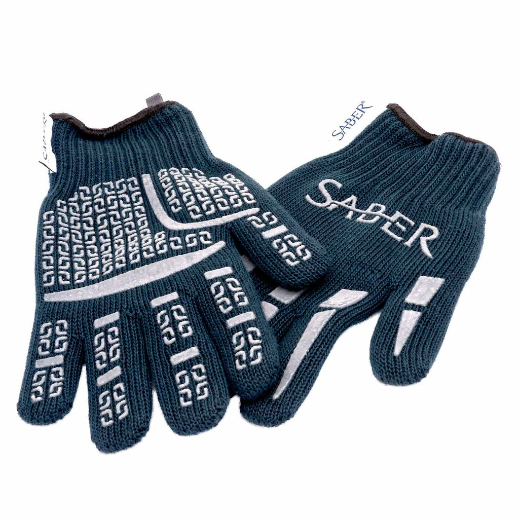 Navy knit grill gloves with Saber logo and white patterned grip pads