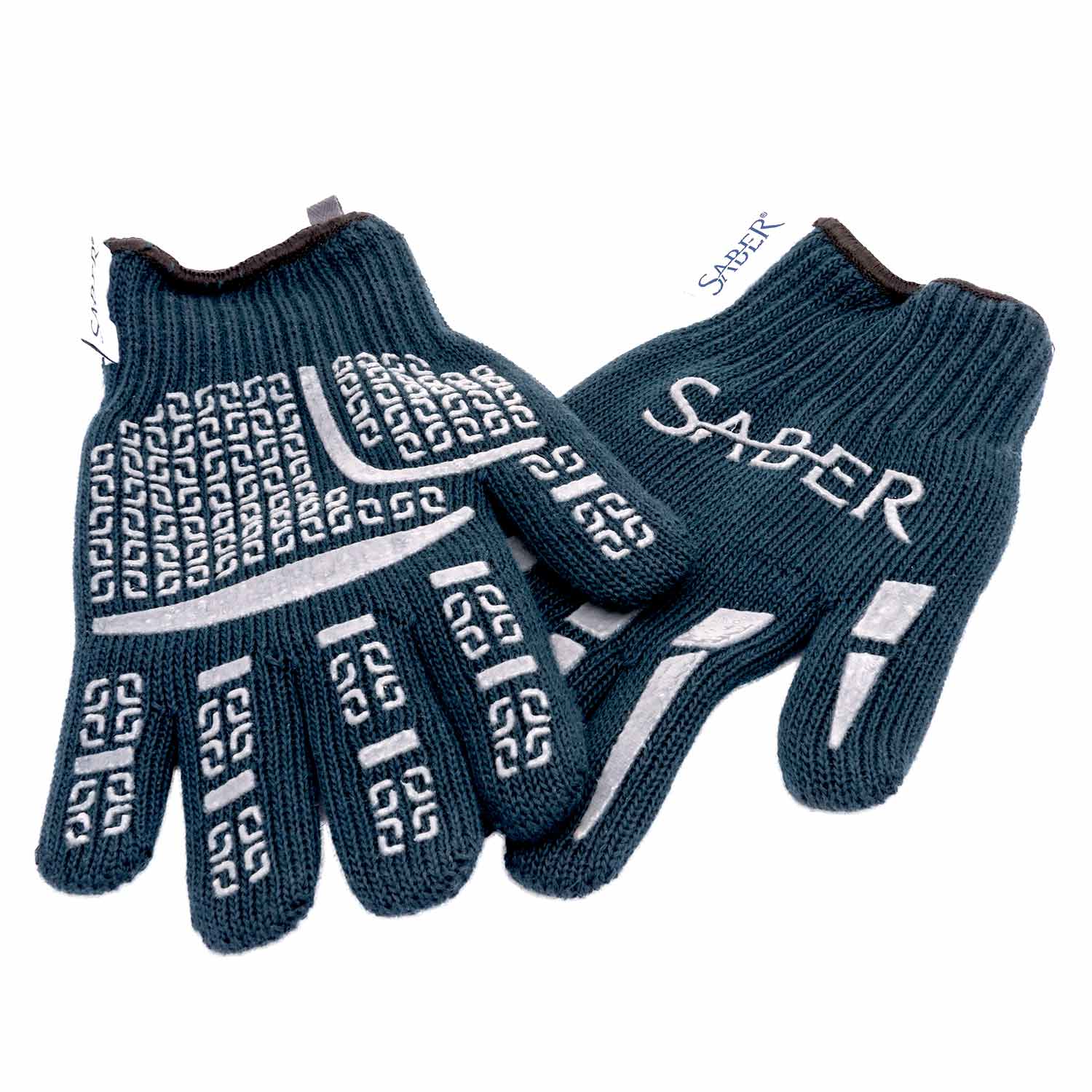 Navy knit grill gloves with Saber logo and white patterned grip pads
