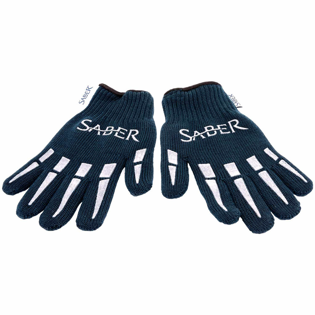 Navy knit grill gloves with Saber logo and white rectangular anti-slip pads