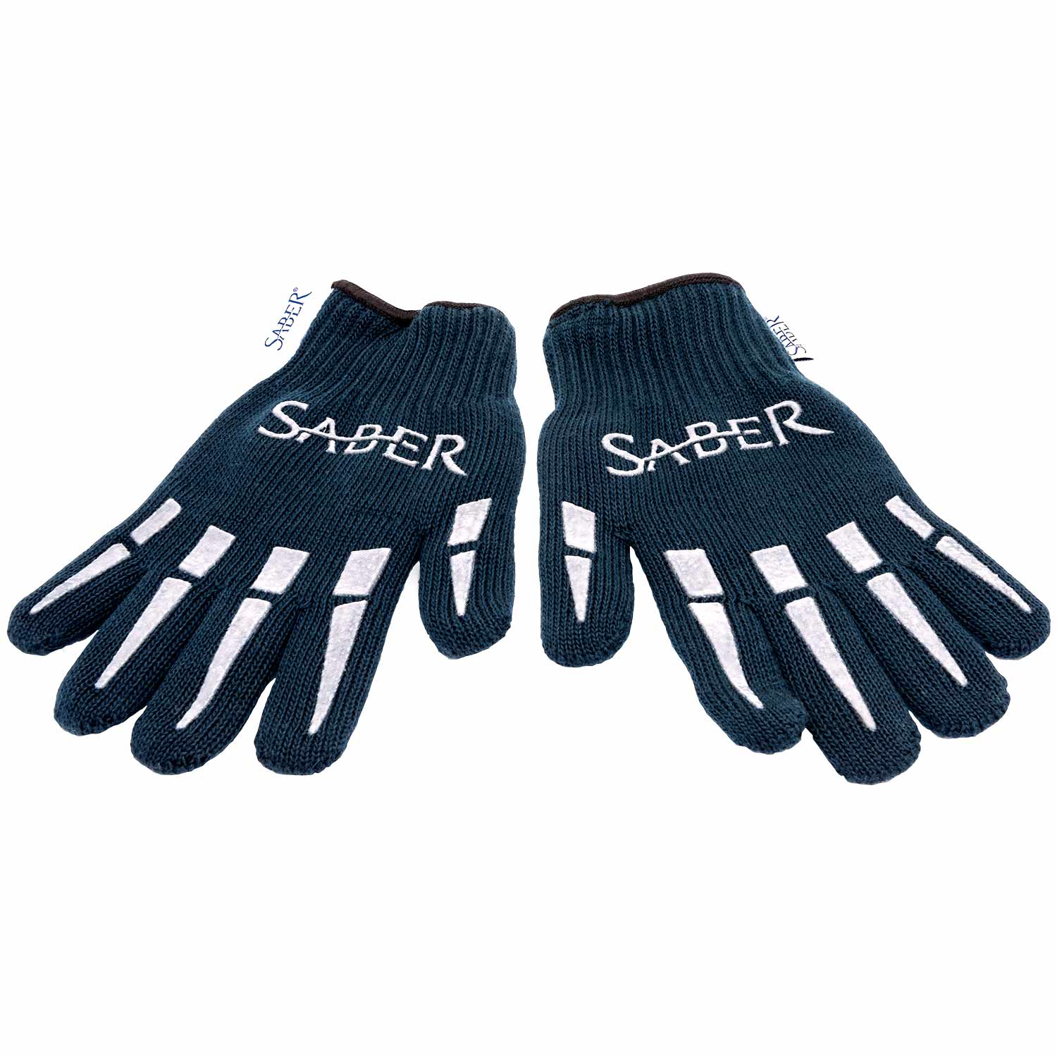 Navy knit grill gloves with Saber logo and white rectangular anti-slip pads