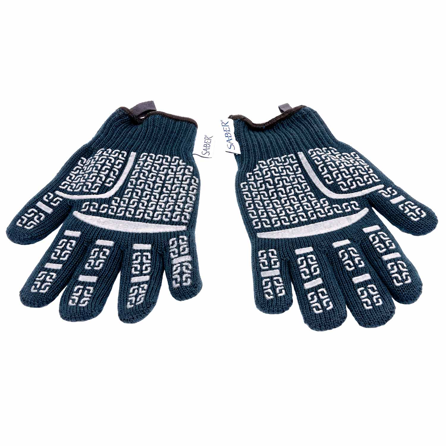 Navy knit grill gloves with geometric white grip panels and thumb detail
