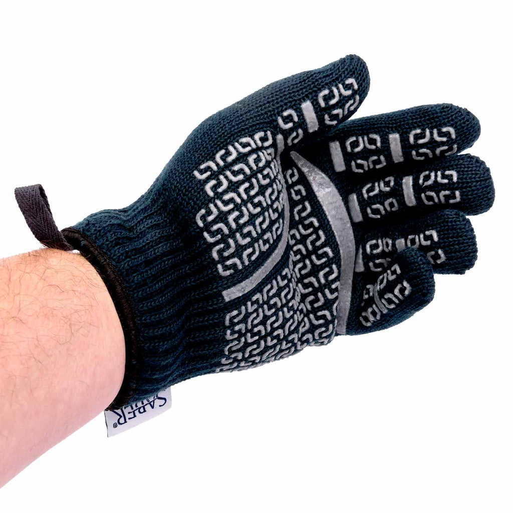 Navy knit grill glove with white geometric grip pattern on the back