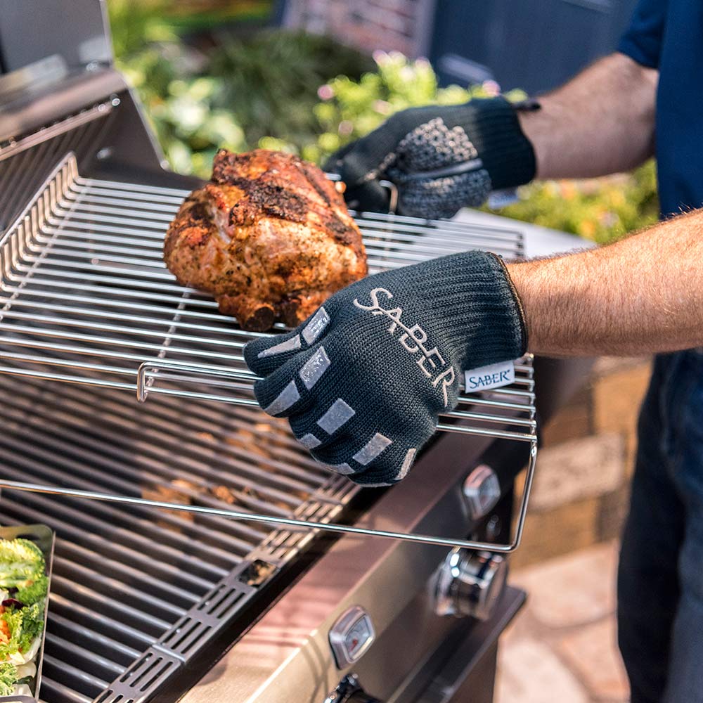 Navy knit grill gloves with Saber logo and gray grip rectangles on palm