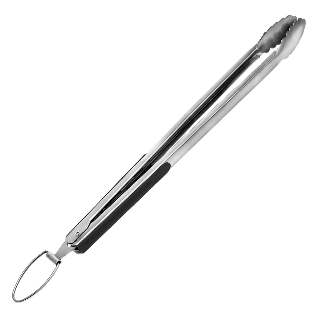Stainless steel BBQ tongs with long serrated gripping tips and loop ring, XL
