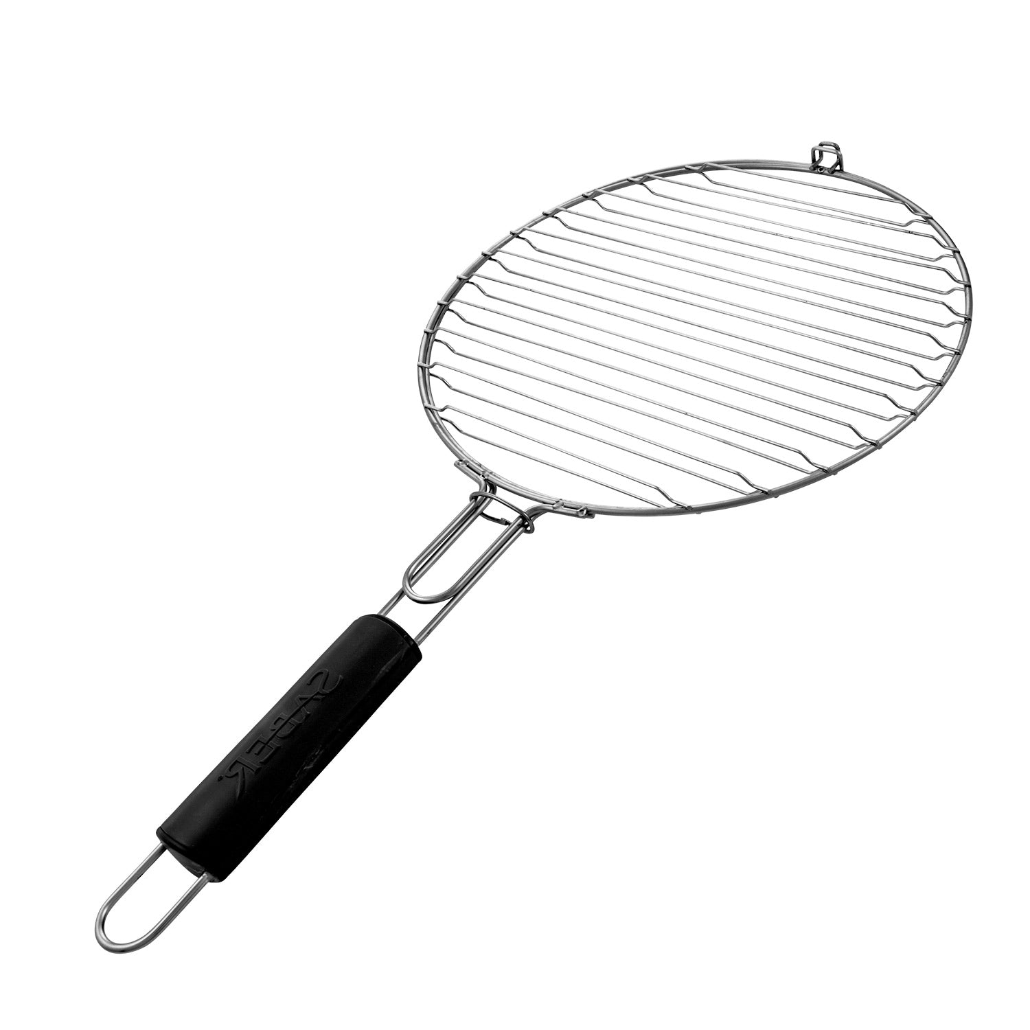 Round wire grill basket with long handle and loop hanger, stainless steel