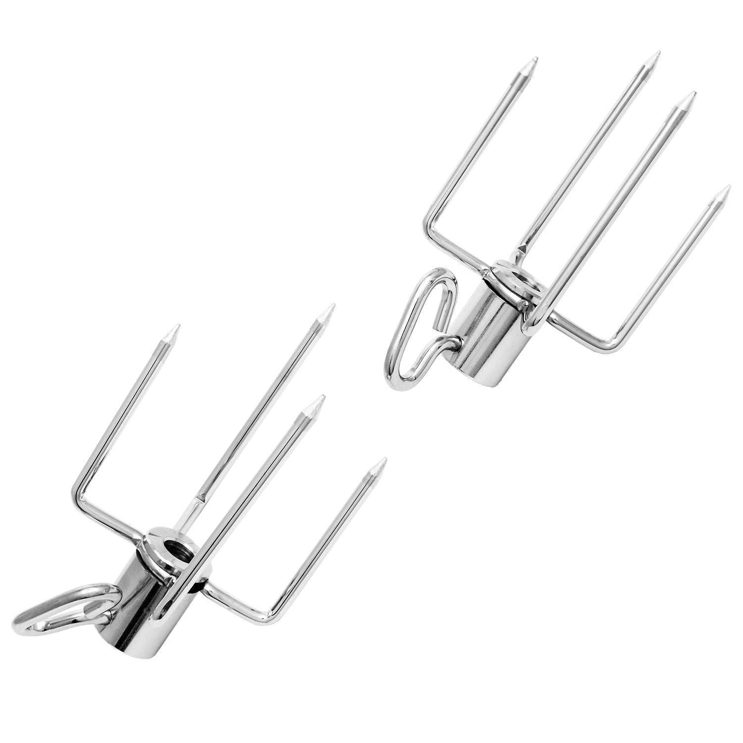Stainless steel rotisserie fork set with long prongs and mounting clips