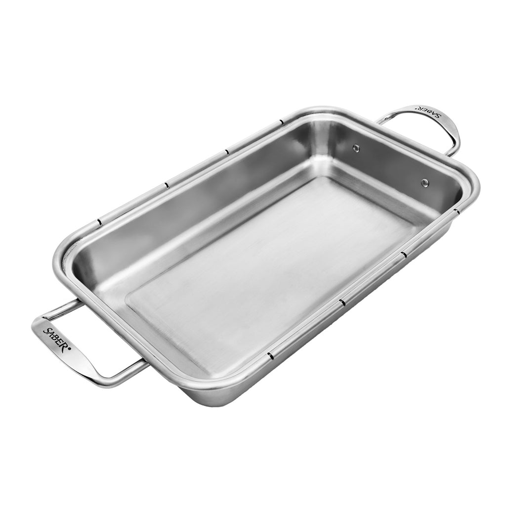 Stainless steel roasting pan with side handles and flat interior, rectangular