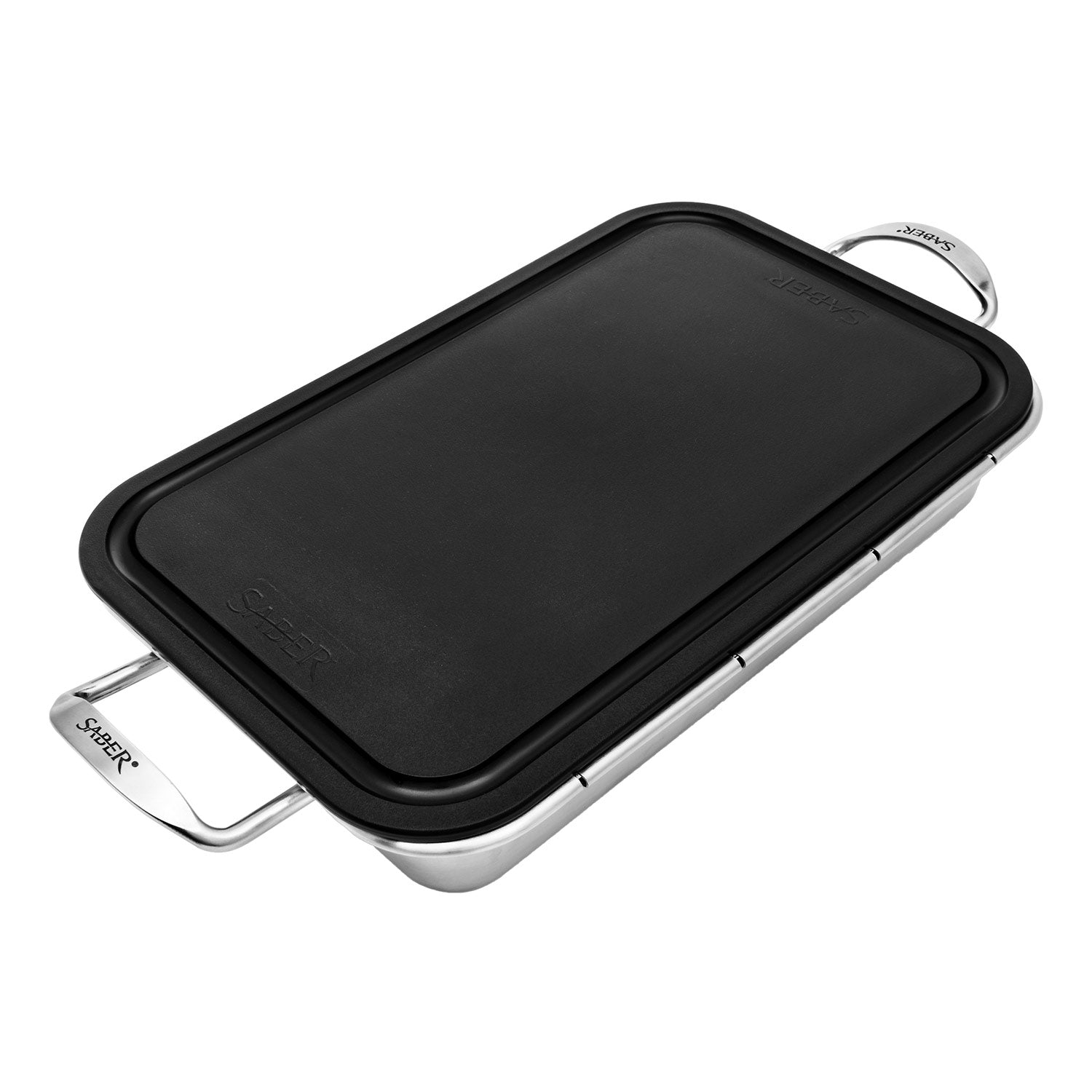 Roasting pan with black nonstick lid and stainless handles, rectangular