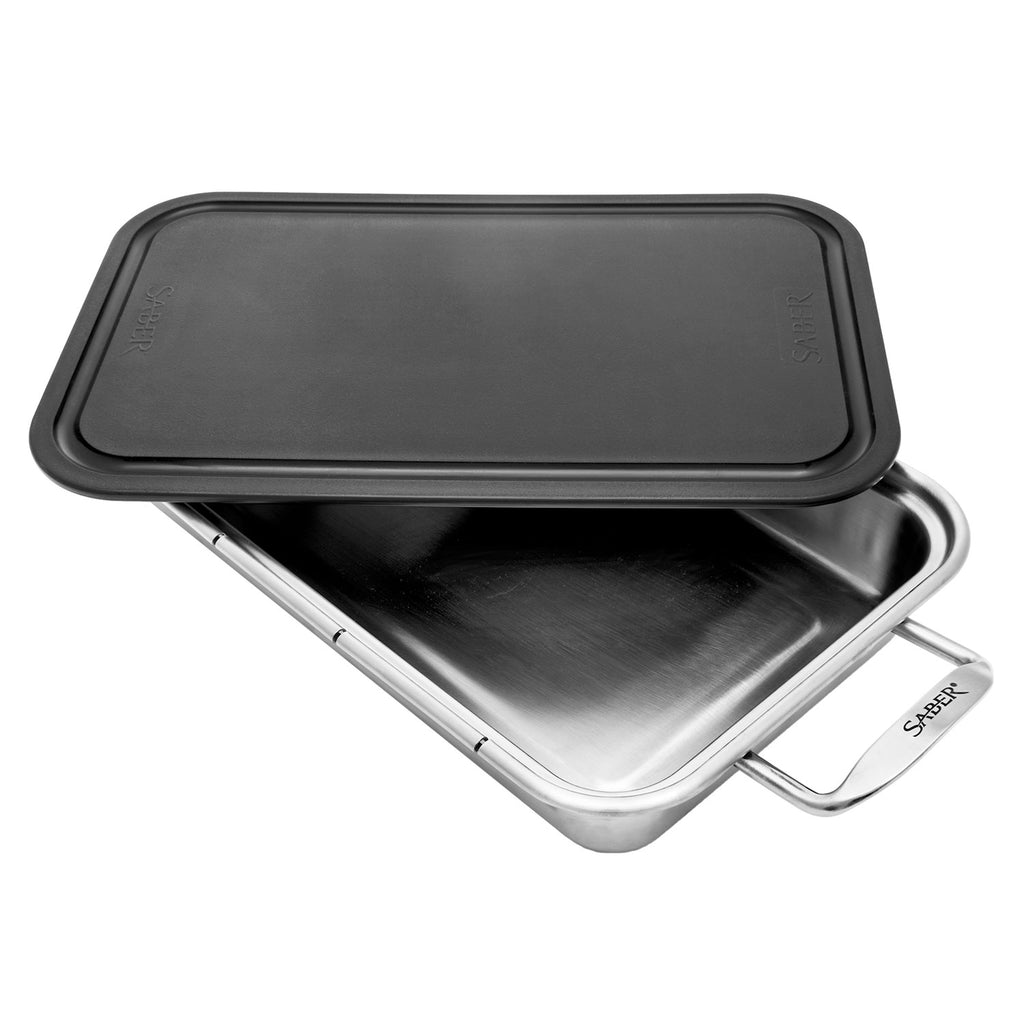 Roasting pan with black lid partially open and stainless base, rectangular