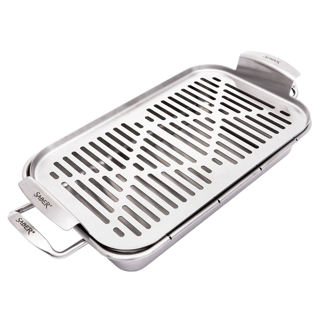 Stainless steel steamer tray with perforated grilling surface and side handles