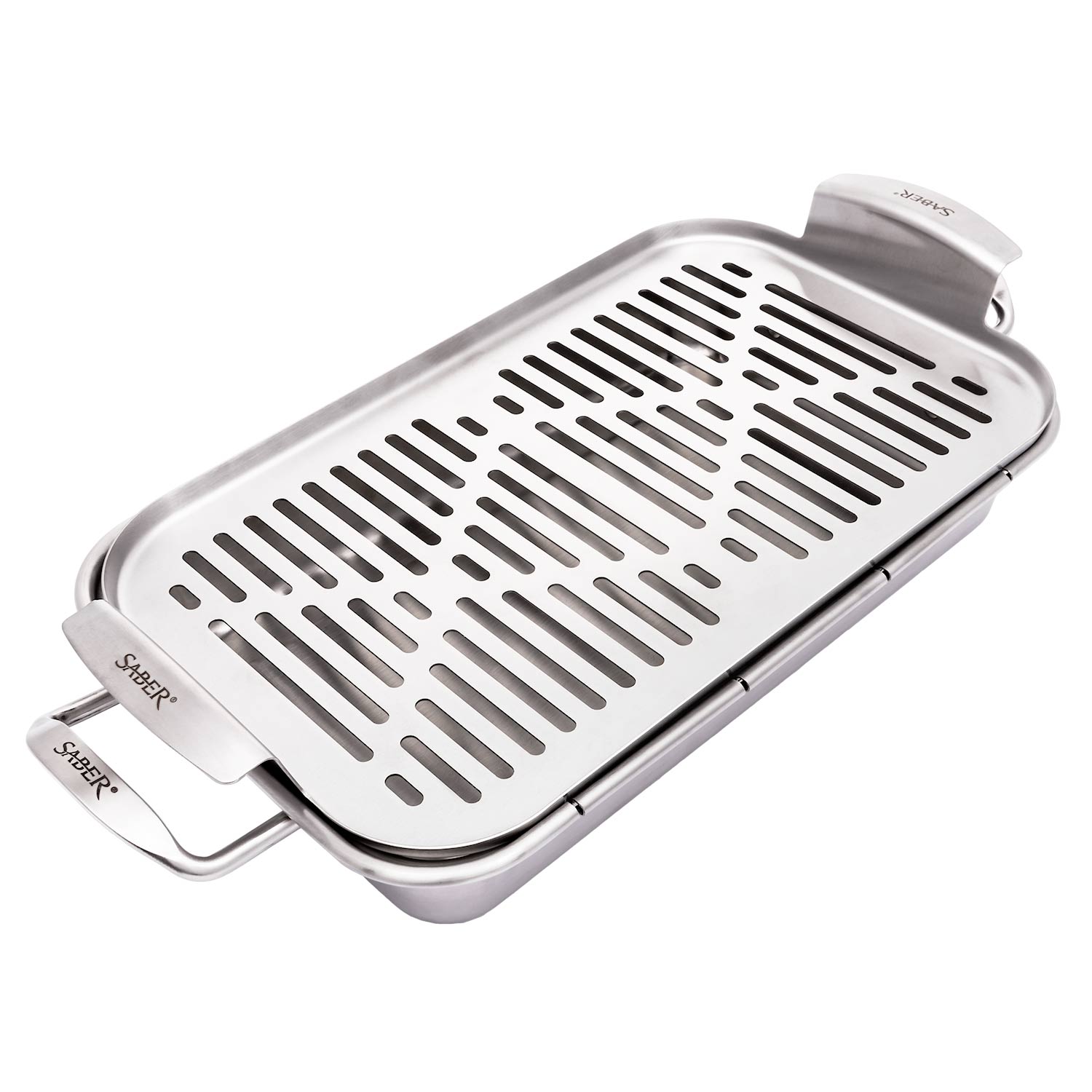 Stainless steel steamer tray with perforated grilling surface and side handles