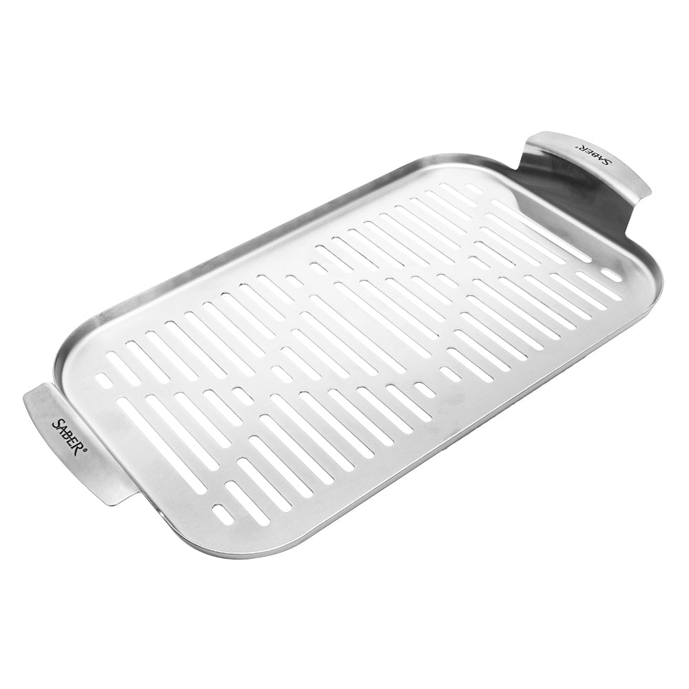 Stainless steel steamer tray with raised rim and vented grilling plate