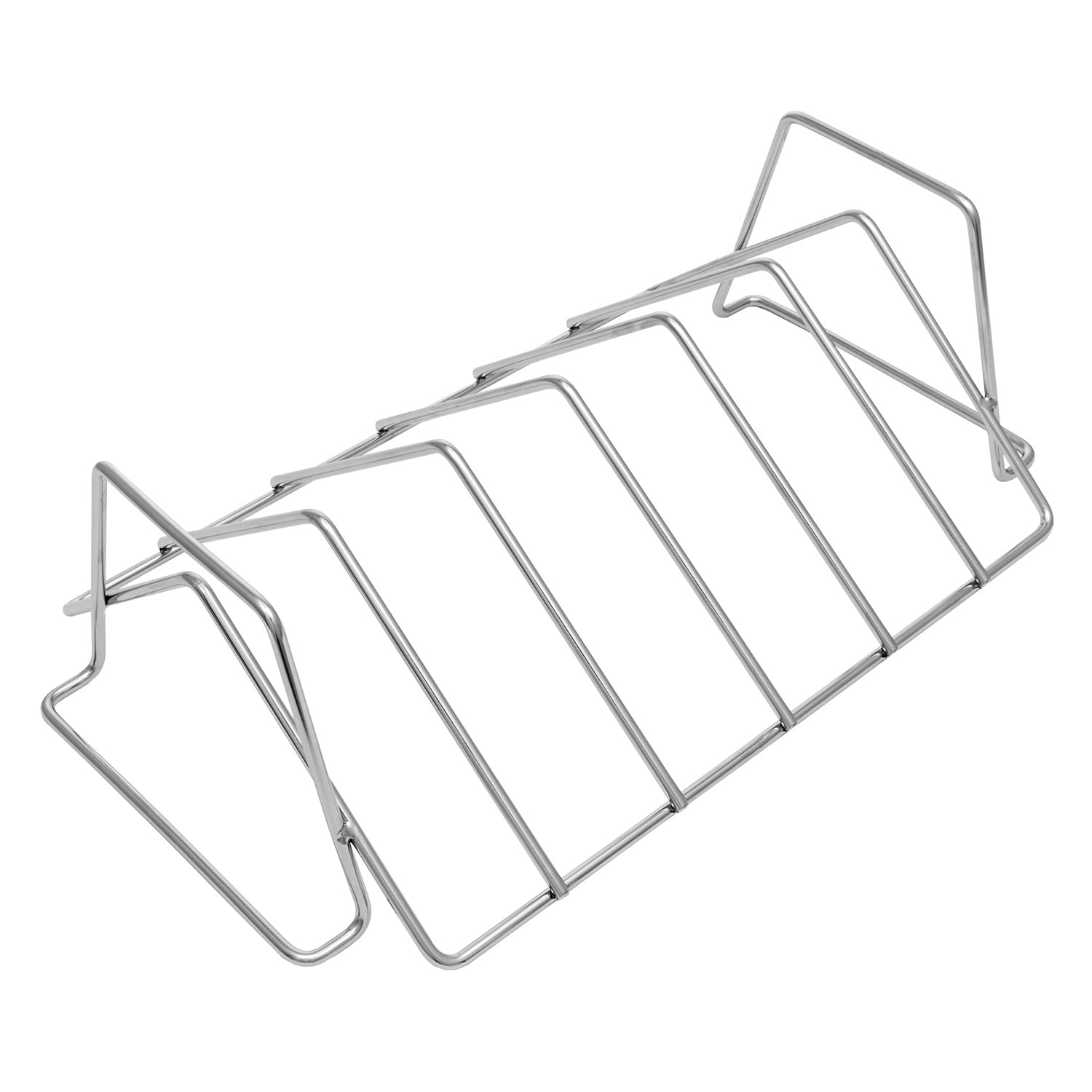 Stainless steel roast and rib rack with wire bars and curved support frames