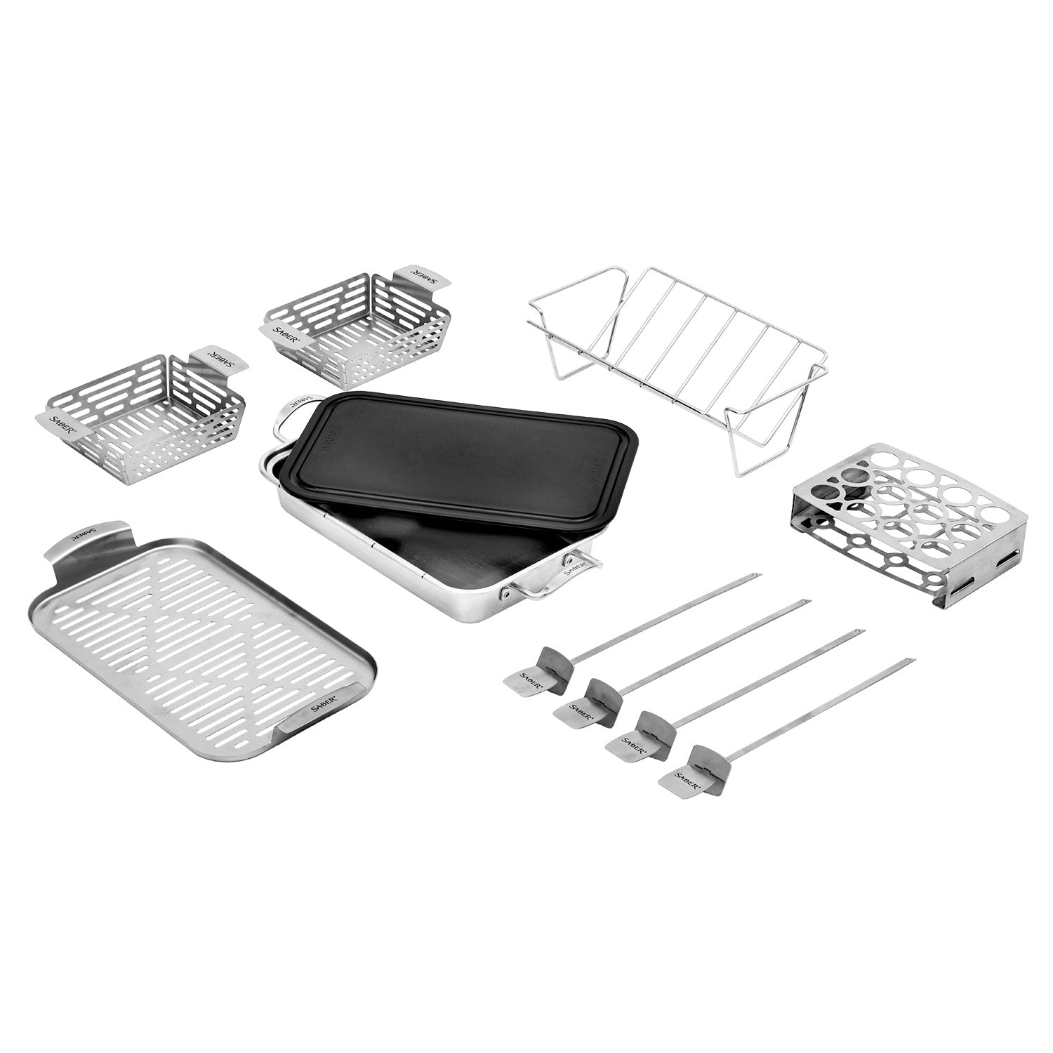Saber EZ grilling system set with black griddle, wire racks, and metal tray sections