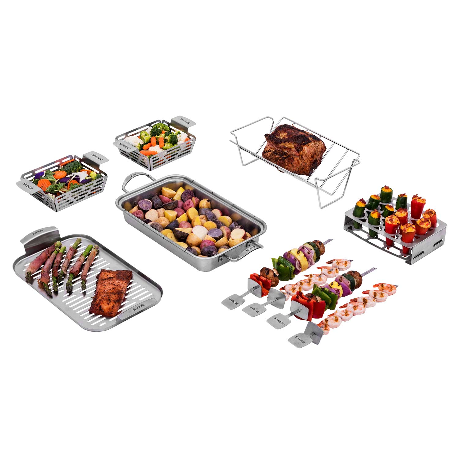 Saber EZ grilling set with wire basket racks, griddle, skewers, and condiment holder tray