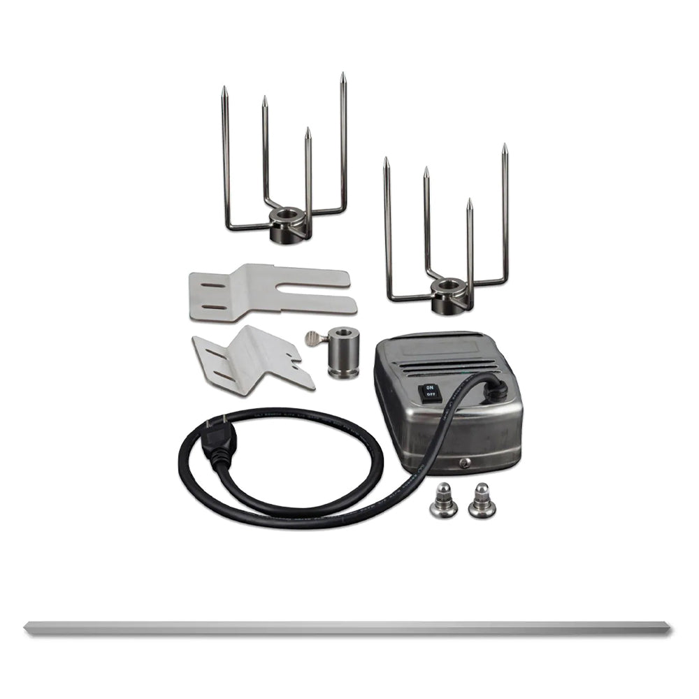 Stainless steel rotisserie kit for 2-burner grill with motor, spit rod, forks, and hardware