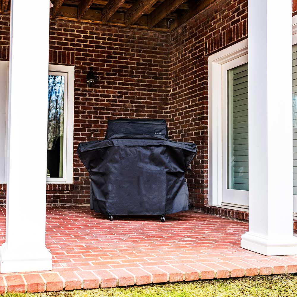 Saber 3-burner grill cover, dark gray fitted fabric with elastic edges