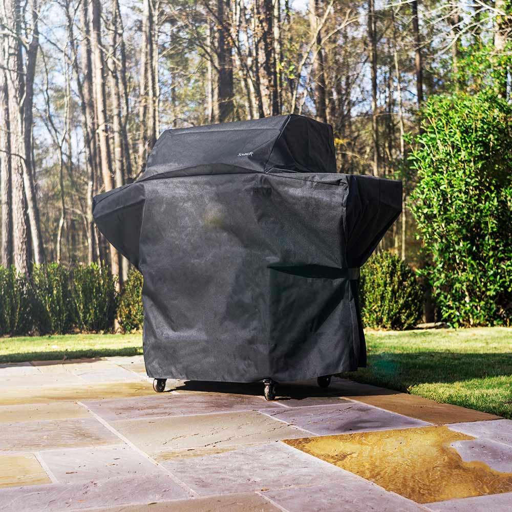 Saber 3-burner grill cover, dark gray fabric with peaked top section