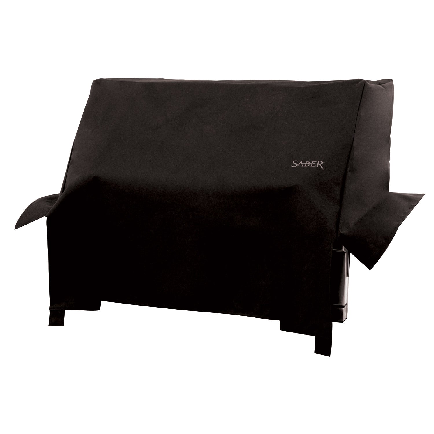 3-burner grill cover in dark fabric with Saber logo on front panel