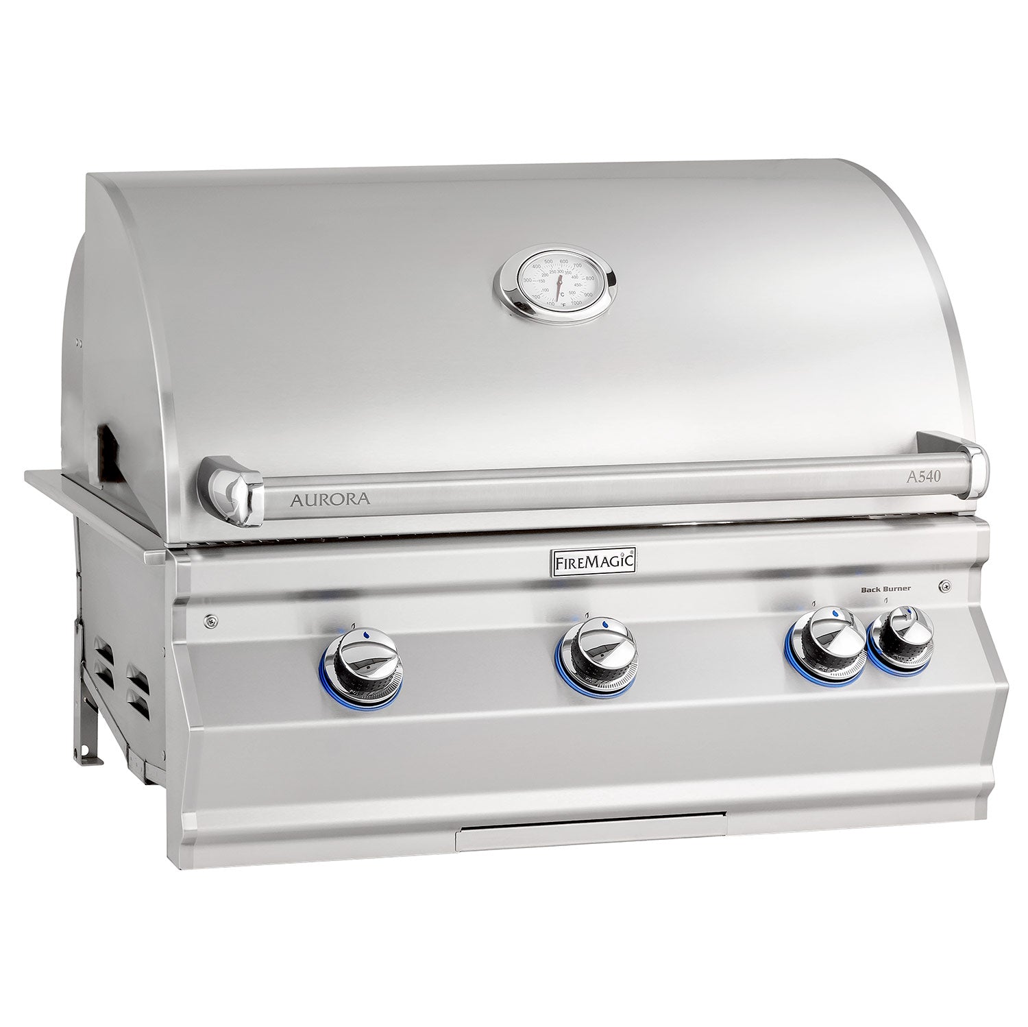 Stainless steel built-in gas grill with hood and front control knobs