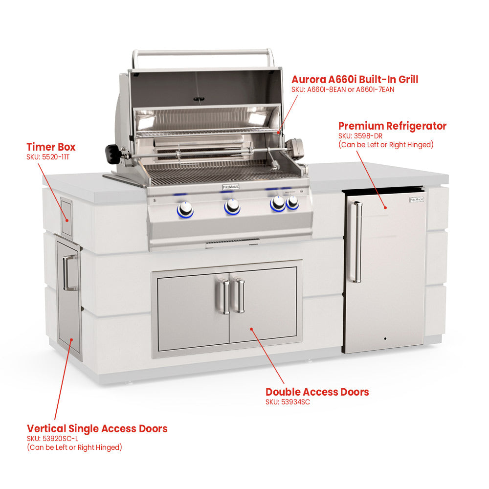Fire Magic outdoor kitchen island with open Aurora gas grill and side refrigerator, access doors