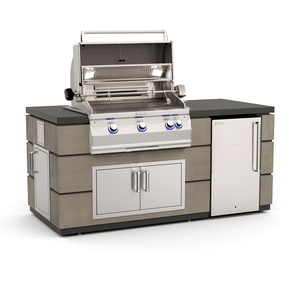 Fire Magic outdoor kitchen island with open gas grill, smoke finish, double cabinet and fridge