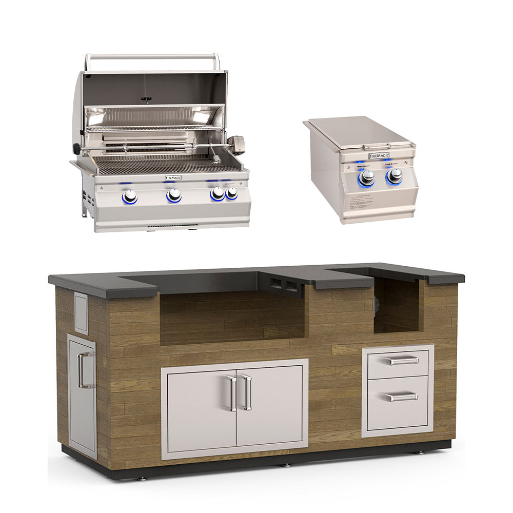 Outdoor kitchen island with reclaimed wood panels and stainless gas grill, doors and drawers