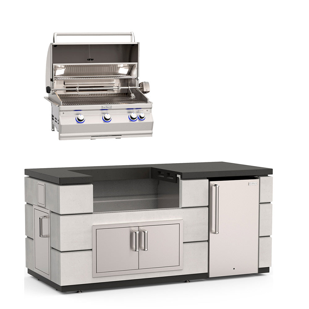 Fire Magic 77-Inch Contemporary Outdoor Kitchen Island with 30-Inch Aurora Gas Grill, Doors, Refrigerator and Timer Box