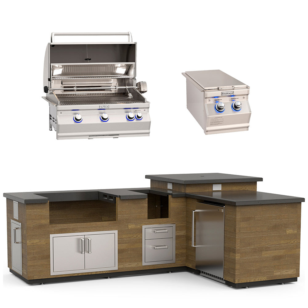 Fire Magic 77-Inch Reclaimed Wood Outdoor Kitchen Island with 30-Inch Aurora Gas Grill, Side Burner, Doors, Drawers and Timer Box