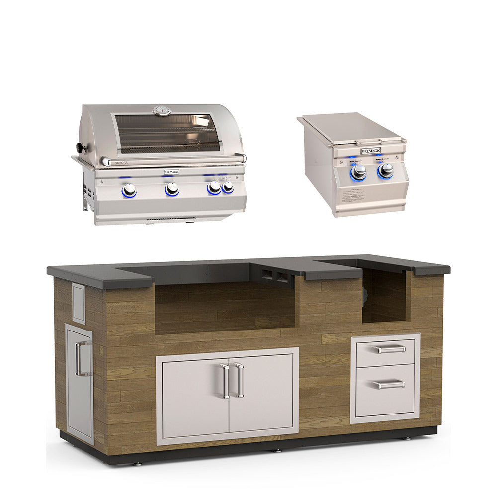 Fire Magic 77-Inch Reclaimed Wood Outdoor Kitchen Island with 30-Inch Aurora Gas Grill, Side Burner, Doors, Drawers and Timer Box
