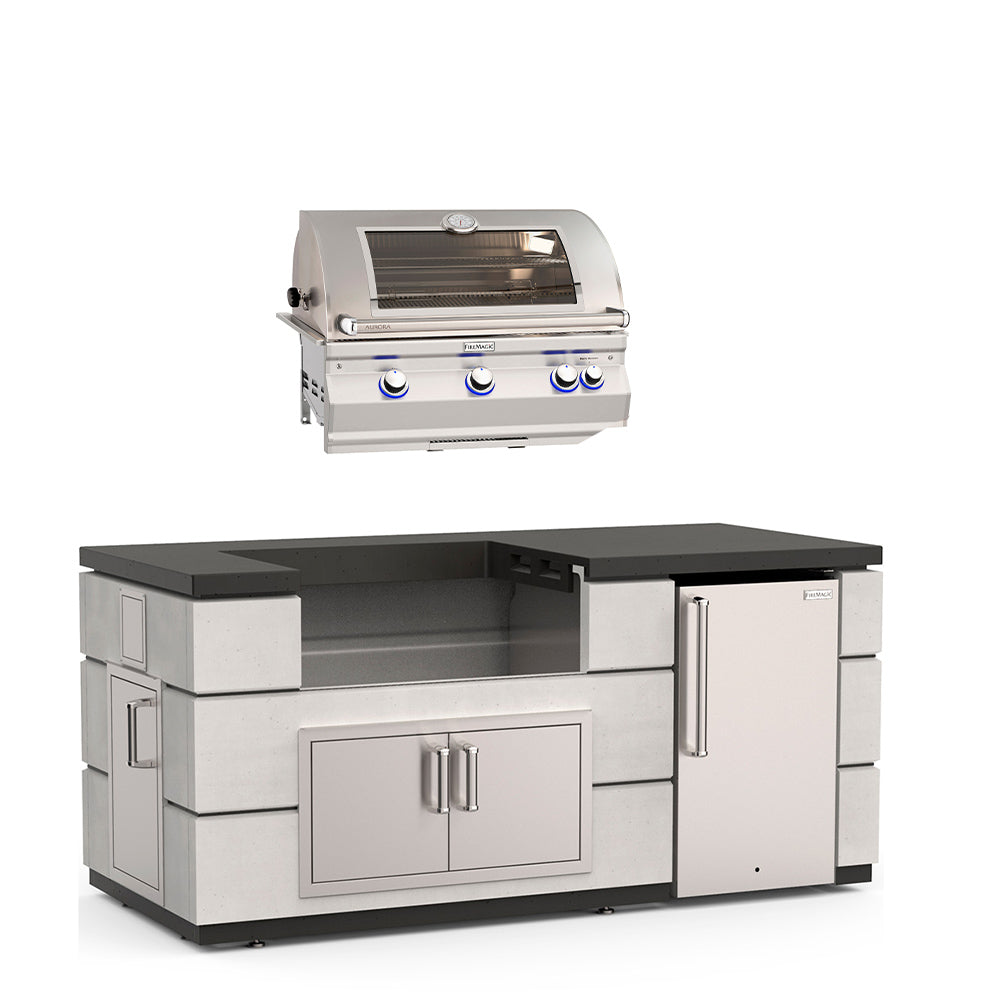 Fire Magic 77-Inch Contemporary Outdoor Kitchen Island with 30-Inch Aurora Gas Grill, Doors, Refrigerator and Timer Box