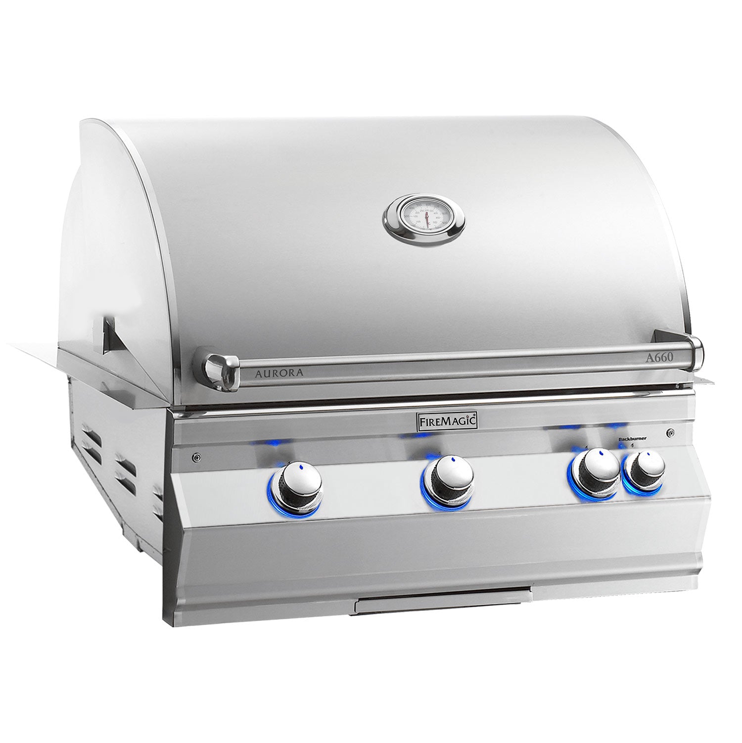 Built-in gas grill with stainless hood, burner knobs, and thermometer