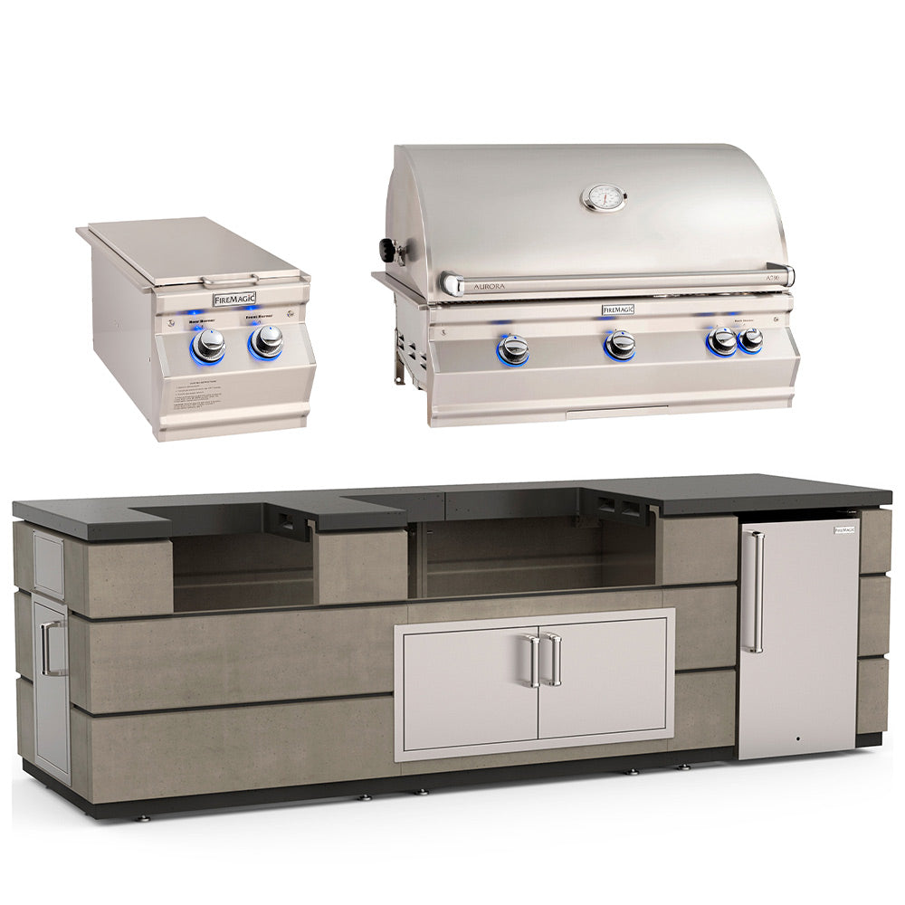 Outdoor kitchen island with stainless grill, cabinet doors, and black countertop