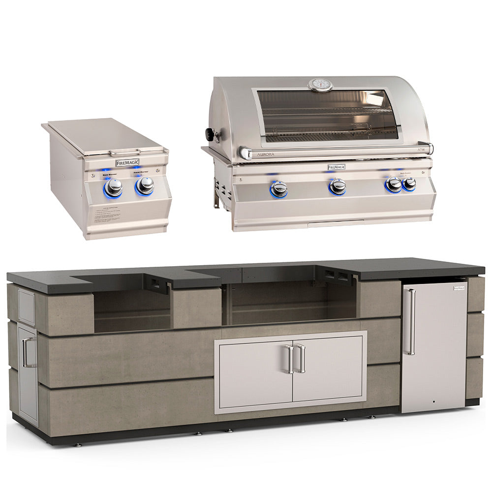 Fire Magic 115-Inch Contemporary Outdoor Kitchen Island with 36-Inch Aurora Gas Grill, Power Burner, Refrigerator and Doors