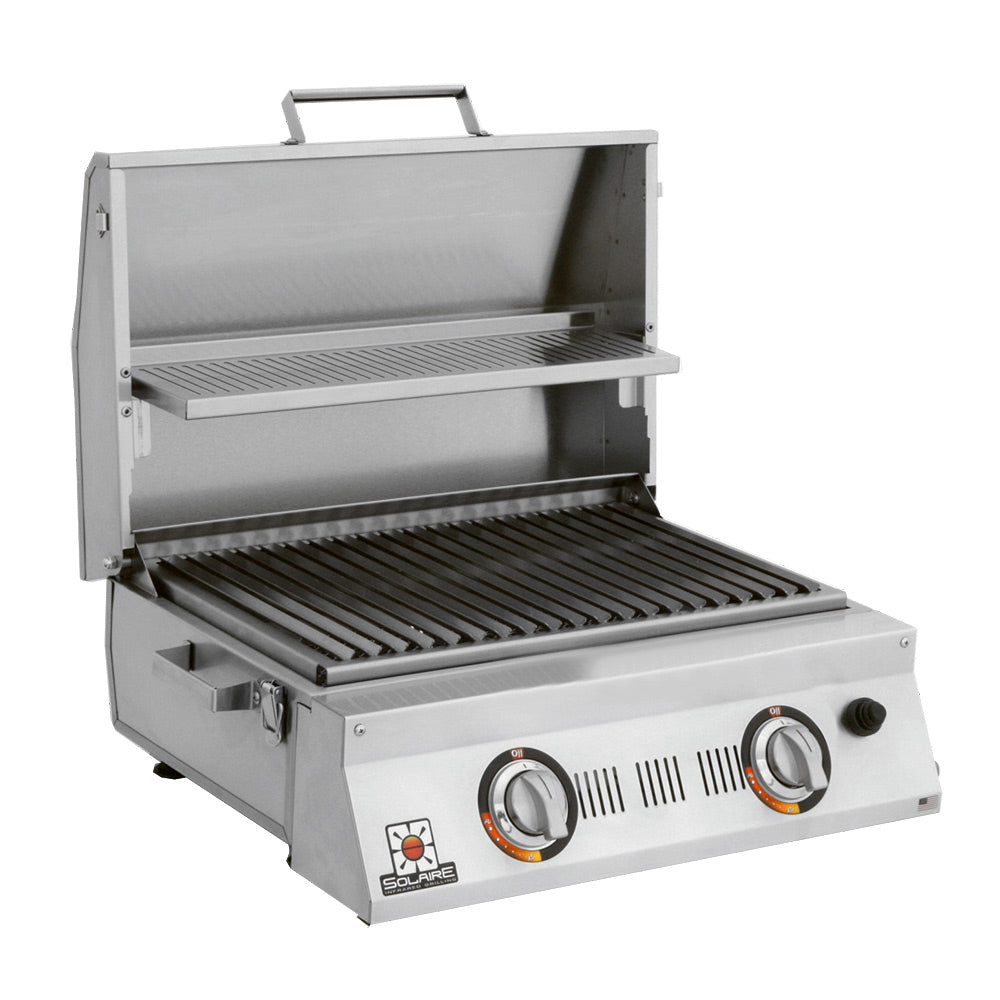 Double-burner infrared grill with lid open, cooking grates and warming rack