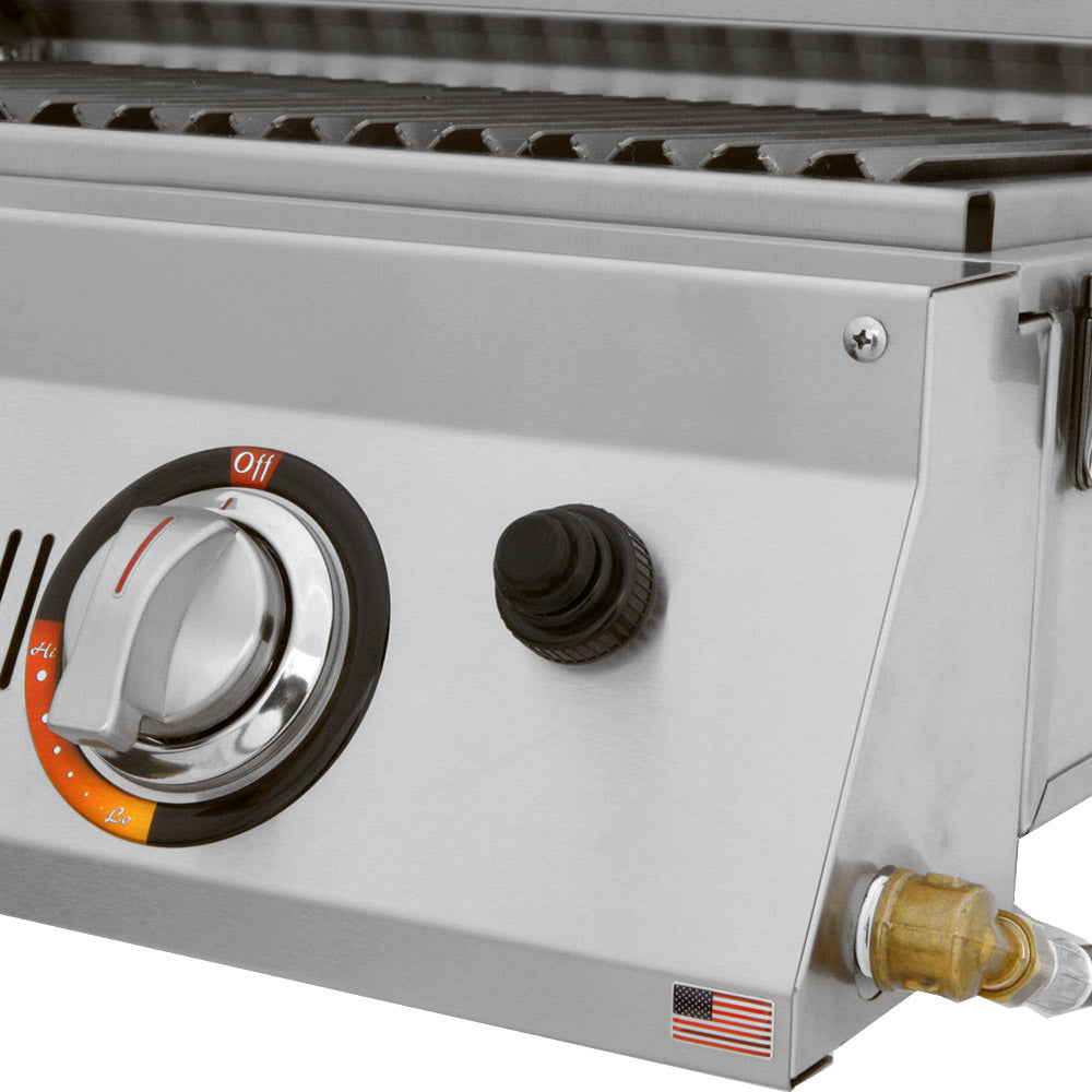 Double-burner grill control panel with temperature knobs and off marking