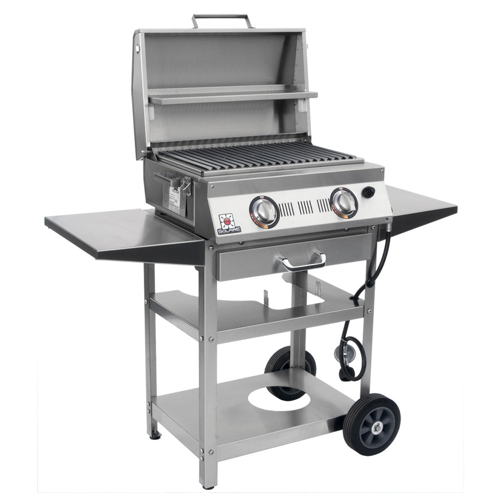 Infrared double-burner grill on rolling cart, open lid with grates and control knobs