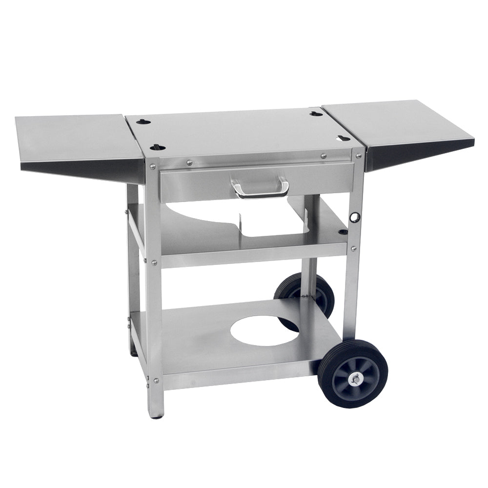 Infrared double-burner grill on rolling cart with side shelves, closed lid and handle