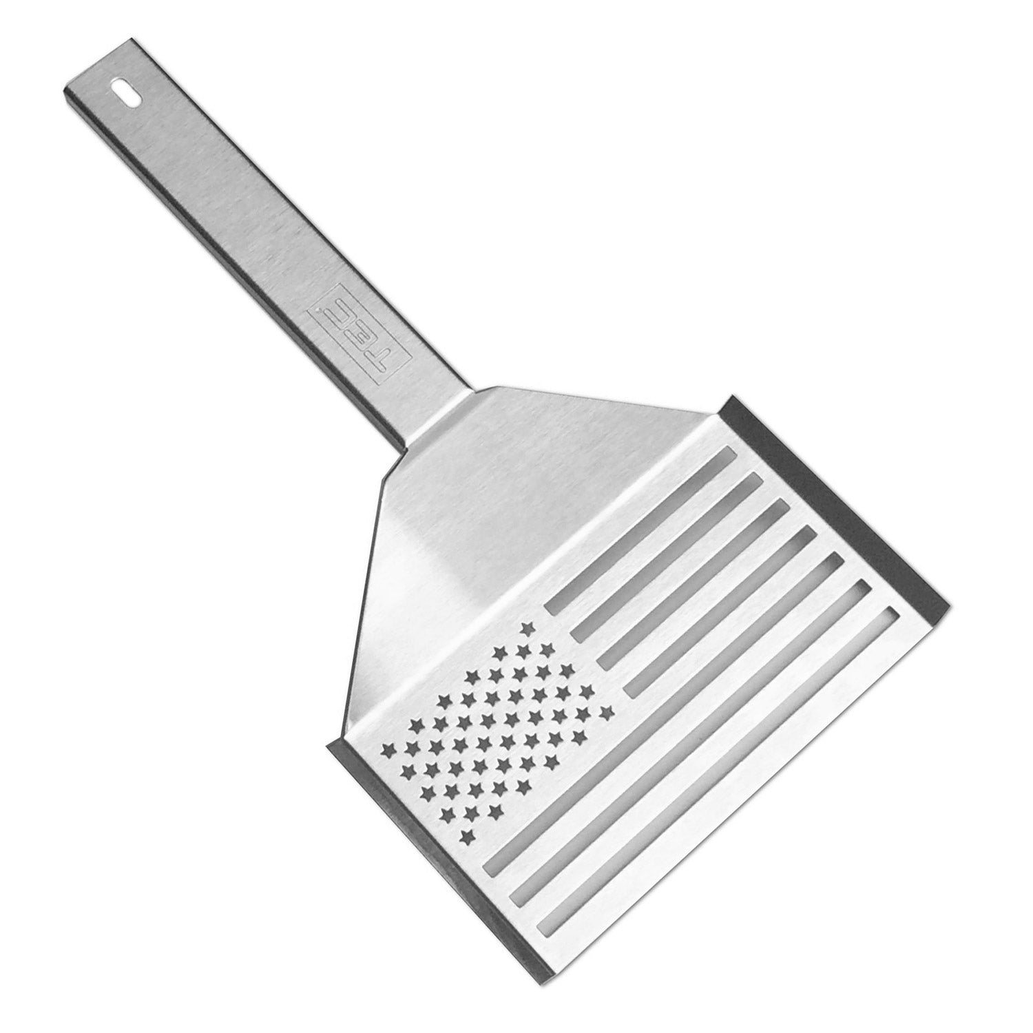 American flag grill spatula with perforated stars and stripes stainless steel head