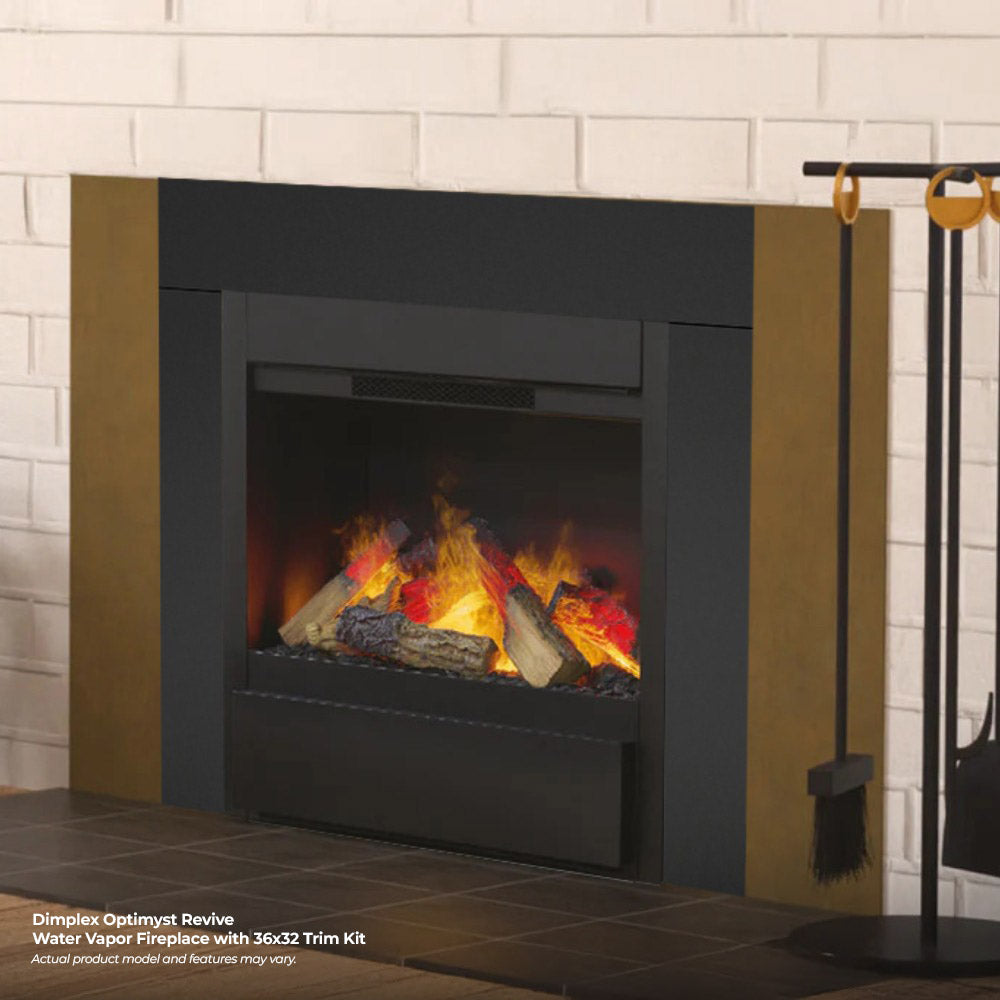 Black water vapor fireplace with tall surround frame and glowing flame logs