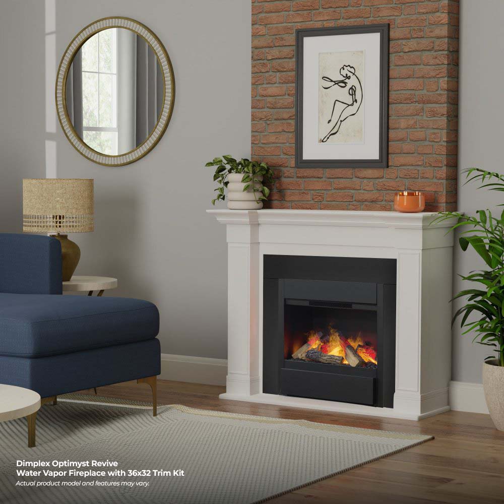 Black water vapor fireplace with glowing flame logs set in a white mantel