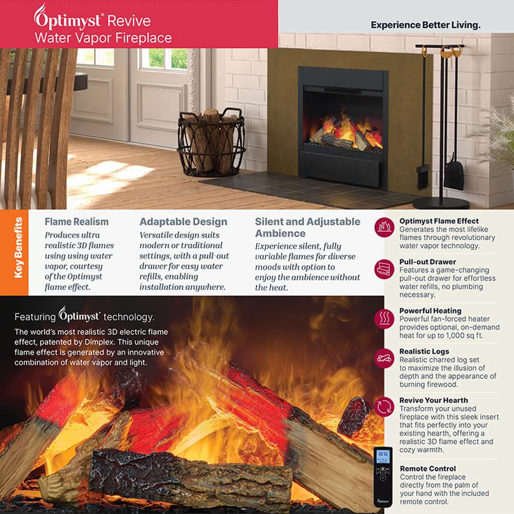 Water vapor fireplace flame effect with log set on an informational panel