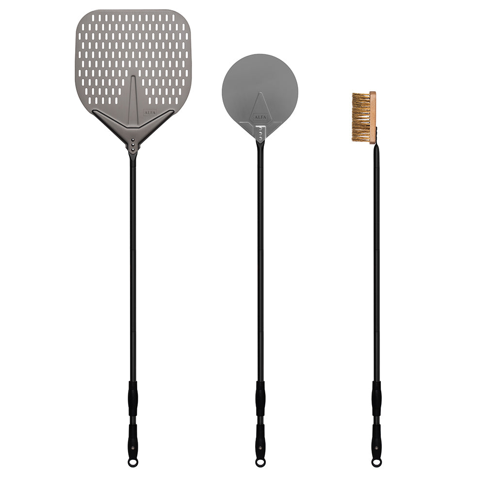 Pizza peel, turner and brush set with gray paddles and black long handles