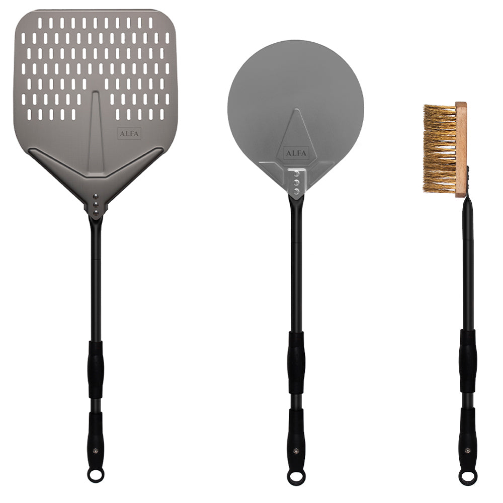 Pizza peel set with perforated rectangular peel, round turner, and bristle brush
