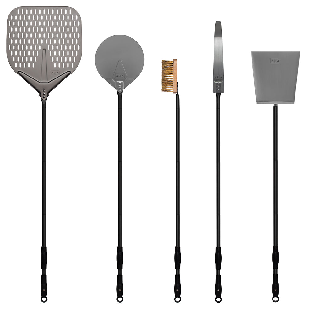Pizza tool set with peel, turner, brush, rake and shovel