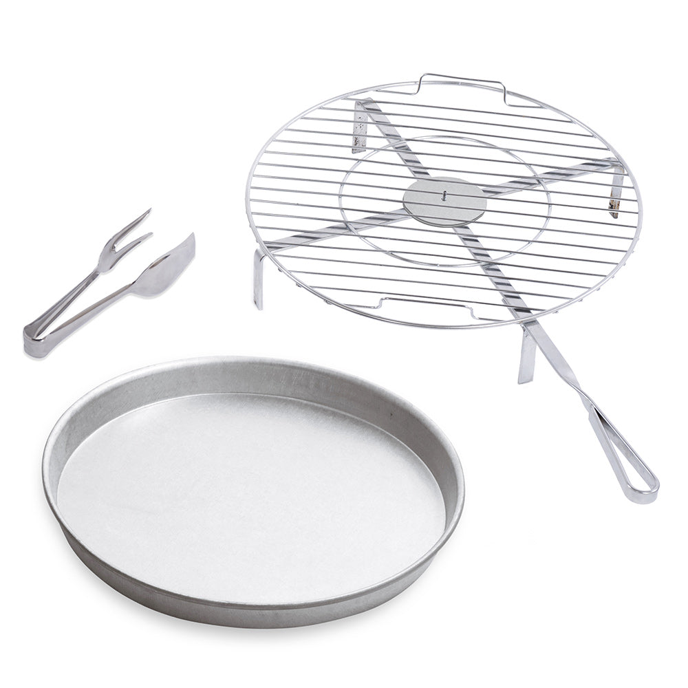 Round stainless grilling grate with three legs and two included stainless tongs